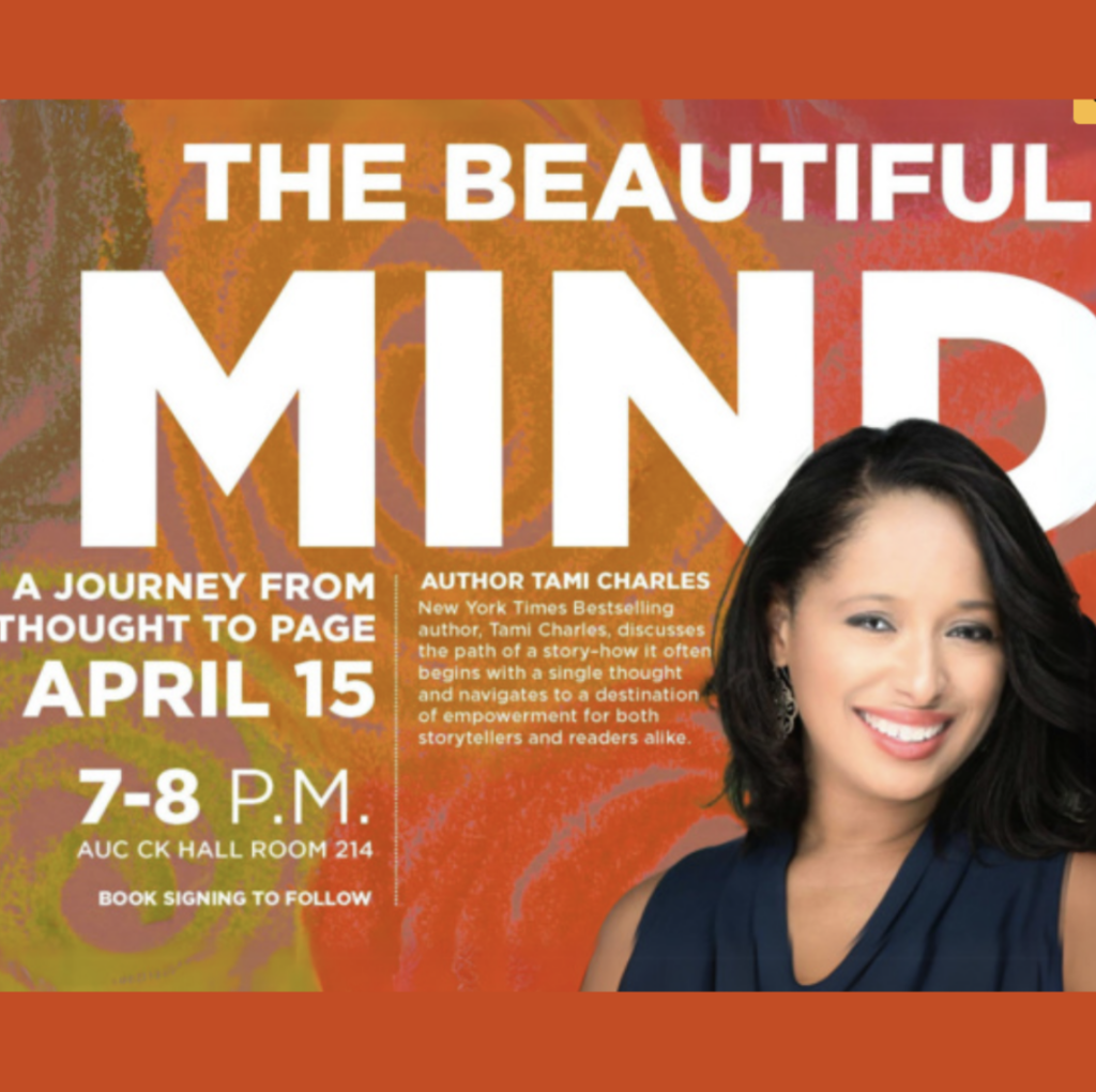 The Beautiful Mind poster. "A journey from thought to page" April 15, 7-8pm. Image of Speaker: Tami Charles in a black top